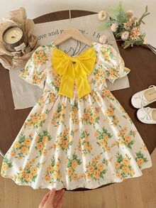 2-7岁女童法式碎花连衣裙，露背设计，配黄色大蝴蝶结，泡泡袖公主裙，荷叶边下摆，儿童节日连衣裙 - 彩色 - 查看 2