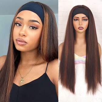 Peluca diadema recta larga de 26 pulgadas elegante para mujer con reflejos - Fácil de usar, cabello sintético resistente al calor, negro con reflejos marrones y rubios, gorro de red de rosa, densidad del 180%, peluca de cabello