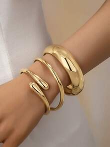3pcs/1set Minimalist Geometric Asymmetrical Teardrop Thick Textured Gold-Tone Bangle Bracelet Set, Suitable For Women, Chunky Smooth Matte Heavy Metal & Zinc Alloy Material - Yellow Gold - View 1