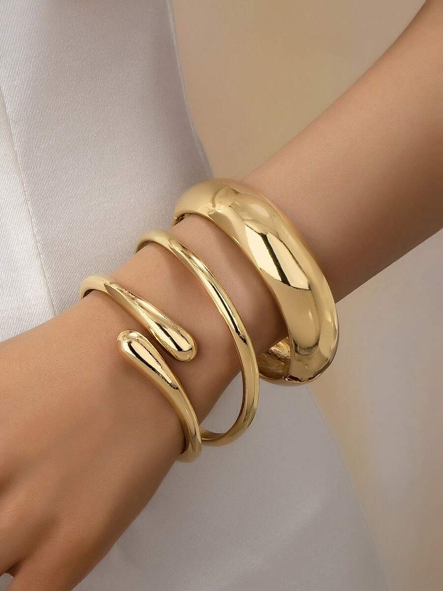 3pcs/1set Minimalist Geometric Asymmetrical Teardrop Thick Textured Gold-Tone Bangle Bracelet Set, Suitable For Women, Chunky Smooth Matte Heavy Metal & Zinc Alloy Material - Yellow Gold - View 1