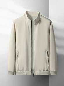 男士轻薄纯色立领夹克，适合春秋季休闲商务及通勤穿着 - 卡其色 - 查看 2