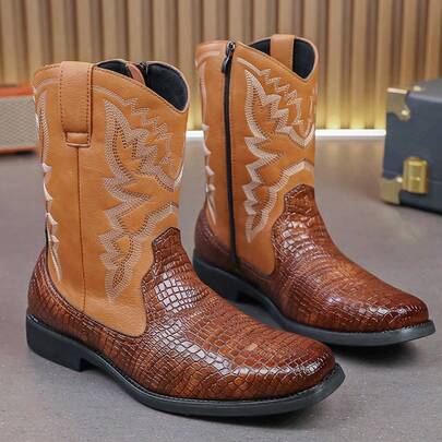 Western Cowboystövlar, Krokodilmönstrade mjuka läderstövlar med broderad ärm, Herrstövlar, Mångsidiga och varma långa stövlar för höst och vinter, Herrskinnskor, Höga skor