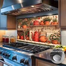 1-Piece 2D Flat Kitchen Sticker Features Red Cookware, Clay Pots, And Green Plants, Creating A Retro And Cozy Atmosphere. This Kitchen Wall Sticker Is Easy To Install, , And Made Of High-Quality PVC Material. - Multicolor - View 6