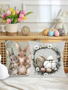 4 件装复活节兔子枕套，18*18 英寸灰色复活节彩蛋图案节日抱枕套，涤纶农舍风格靠垫套，非常适合沙发、客厅、卧室家居装饰，不含枕芯，复活节装饰，春季节日庆祝活动 - 彩色 - 查看 9