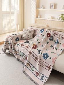 1pc Bohemian Style Sofa Blanket - Suitable For All Seasons, Pet Friendly, Dust Cover Sofa Throw With Tassels - For Living Room, Bedroom - Machine Washable, Sofa Blanket, Sofa Cover, Sofa Throw
