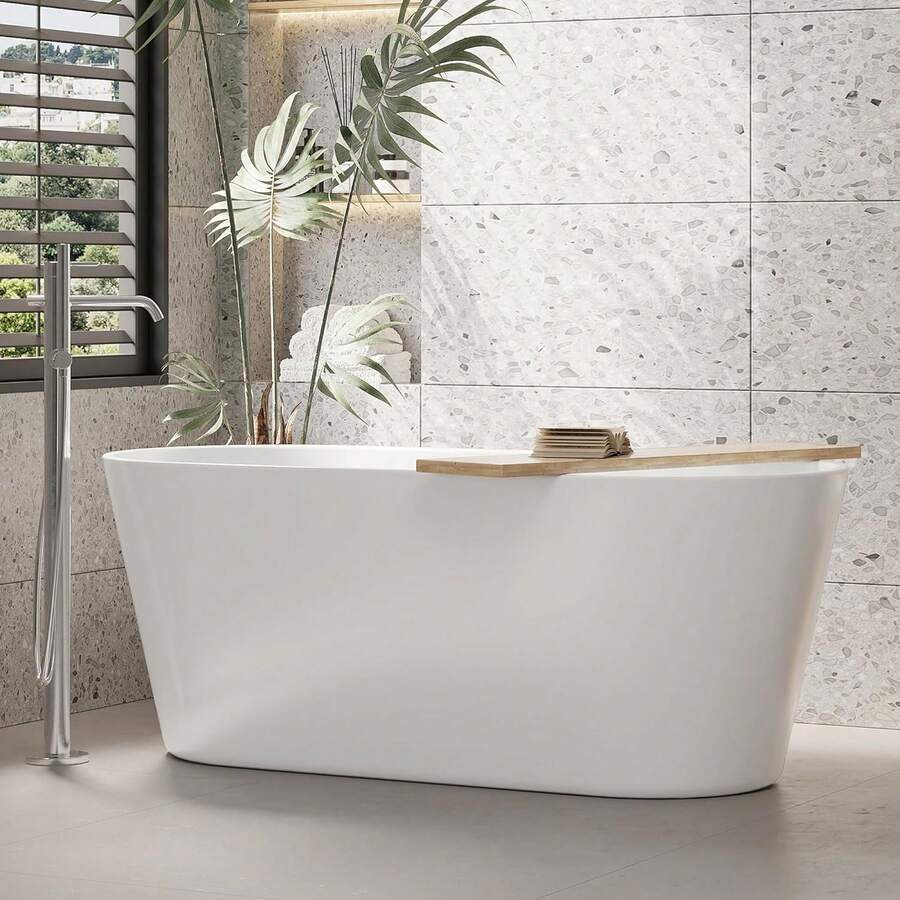 59 Inch Freestanding Acrylic Bathtub, Modern Soaking Tub With Chrome Overflow & Drain, CUPC Certified, Deep Soaking Design For Luxurious Spa Experience, Contemporary Bathroom Centerpiece, White - White - View 1