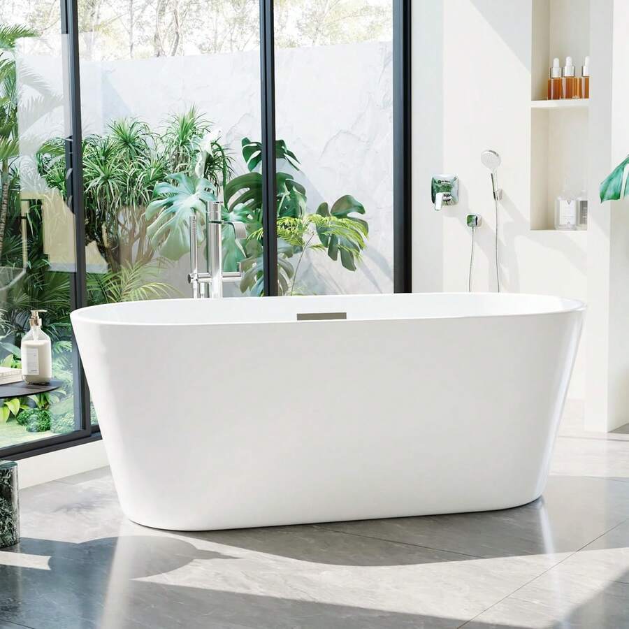 67 Inch Freestanding Bathtub, Acrylic Soaking Bathtub With Chrome Drain And Overflow, Standalone Ergonomic Tub For Bathroom Relaxation, Deep Design For Family And Guest Use, White - 白色-1 - 查看 1
