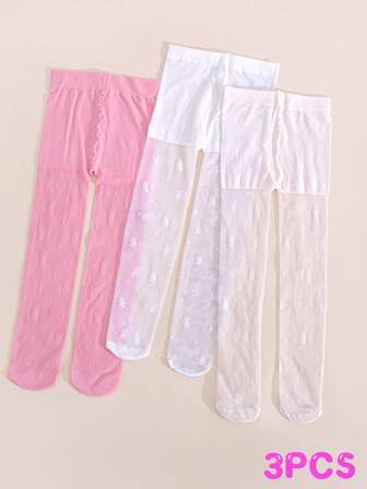 3双装女婴/幼儿兔子提花透明透气连裤袜，柔软不透明，适合日常穿着，春夏款