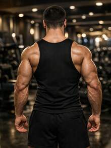 Men's Muscle Shaping Fitness Sleeveless Tank Top, Bodybuilding Sports Vest - Black - View 3