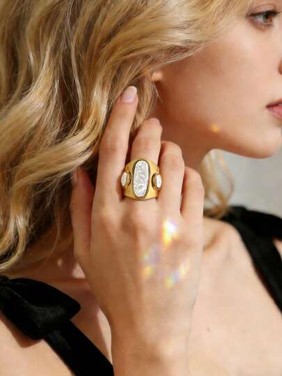 Mazuer 1枚复古硬币造型珍珠母贝戒指，18K镀金不锈钢材质，女士首饰，适合鸡尾酒会和正式场合佩戴