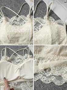 女士蕾丝吊带背心，带可拆卸胸垫，可爱性感纯色打底衫，适合返校季、冬季、圣诞节、春季节日穿着。 - 杏色 - 查看 7