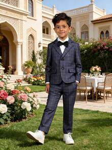 3pcs Tween Boy Plaid Suit Set, Autumn/Winter, Pageboy Outfit For Wedding, Baby's 1st Birthday, Piano Recital (Jacket + Pants + Bowtie) - Grey - View 2