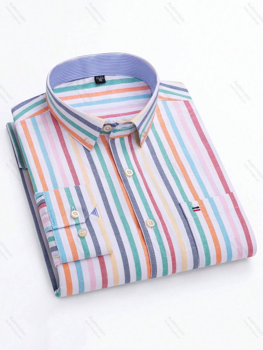 Audmroton Men's Plaid Striped Button Down Shirts Spring Fall Cotton Long Sleeve Oxford Dress Shirts With Pocket - 彩色 - 查看 1