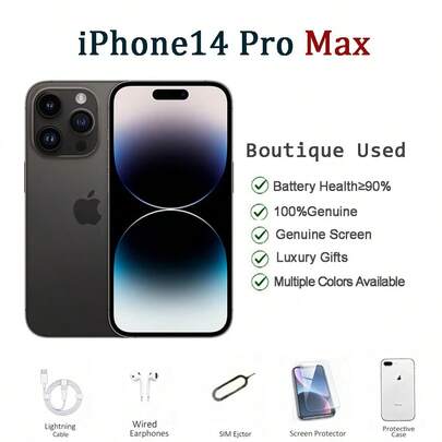 Apple iPhone 14 Pro Max usado, calificación A+ 95% nuevo, pantalla de 6.7", buen estado, cámara telefoto insignia, Dual SIM, disponible en morado oscuro, negro espacial, plata, oro