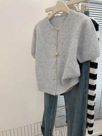 Áo khoác cardigan dệt kim màu trơn dành cho nữ, kiểu áo croptop thoải mái cho mặc hàng ngày, mùa xuân/hè.