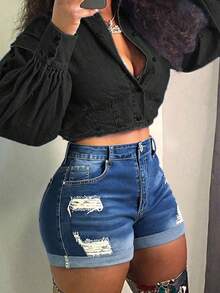 Shorts vaqueros cortos con tiro medio, rotos y elásticos que levantan el trasero para mujer de verano - Azul lavado oscuro - Ver 3