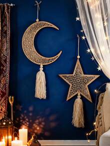 1/2pcs Bohemian Style Wooden Moon & Star Pendant, Hollow Moon & Star Pendant, Tassel Wall Hanging, Boho Home Decor, Bedroom Decor, Wall Decor, Handmade Gift For Women & Girls - Multicolor - View 7