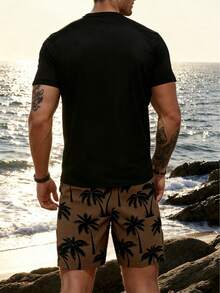 Men's Palm Tree Print Short Sleeve T-Shirt And Shorts 2 Pieces Beach Vacation Set - Brown - View 6