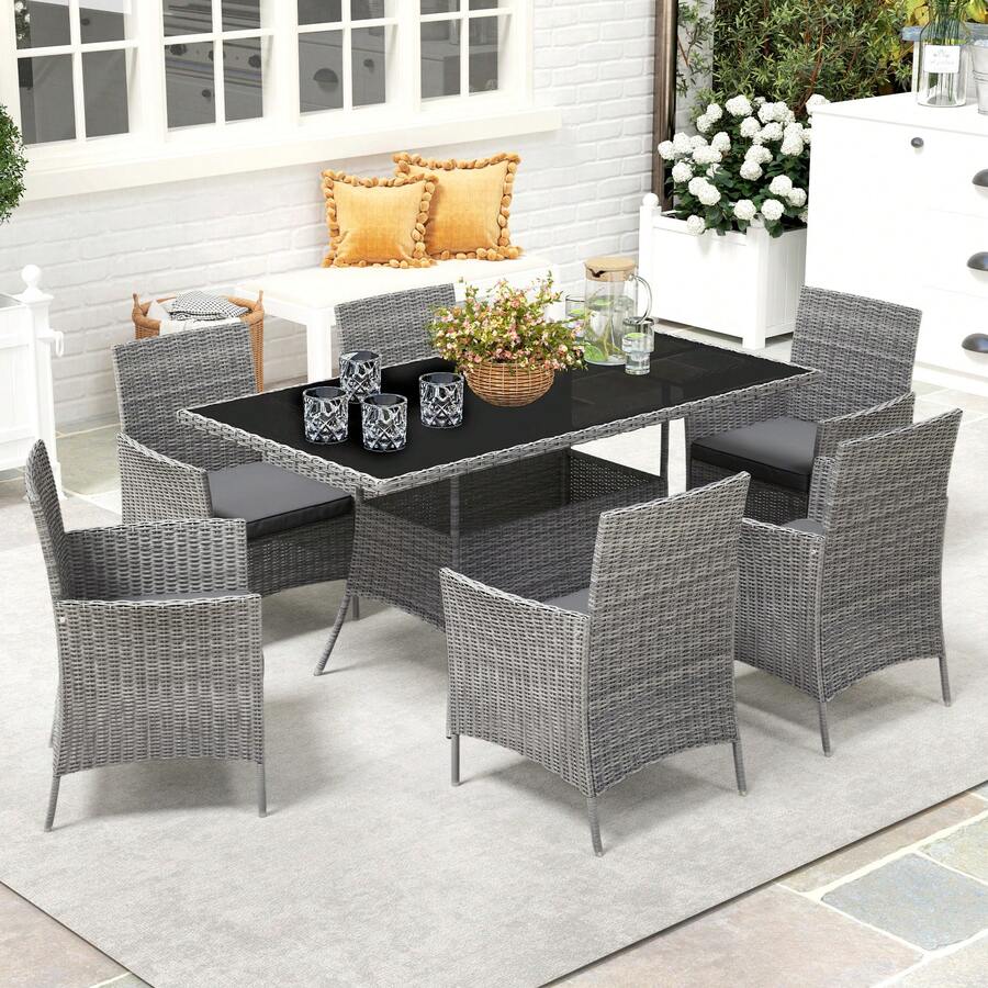 Outsunny 7-Piece Rattan Garden Furniture Set With Cushions, 6 Seater Garden Table And Chairs, Rattan Dining Set With 6 Armchairs, Rectangular Glass Top Table - Dark Grey - View 1