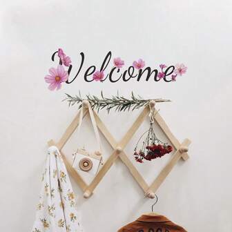 1pc Butterfly Flower Welcome Slogan Door Wall Stickers Decals,For Living Room Entryway Bedroom Kitchen Home Decor