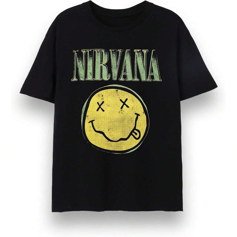 Nirvanas Mens T-Shirt Adults Short Sleeve Graphic Tee In Black Classic Grunge Distressed Green Logo Print & Face - 黑色 - 查看 1