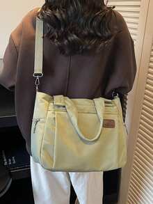 新款休闲日系简约多口袋大容量纯色轻便手提包单肩斜挎包，清新文艺风时尚百搭通勤工作上学手提包，女士 - 彩色 - 查看 9