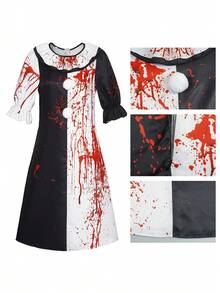 万圣节血迹泼溅印花连衣裙，适合恐怖小丑装扮派对，春季黑色 - 黑色 - 查看 3