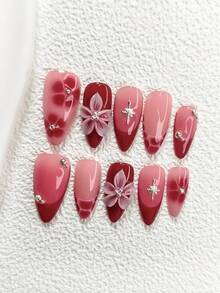 10pcs Romantic French Press-On Nail Stickers, Acrylic Nail Art Set, Handmade 5-Petal Ombre Red Flower, Silver Sparkle Nail Accessories, Silver Round Rhinestone Decor Design, Red 5-Petal Printed Nail Art Decorations Nails Nail Supplies Handmade Press On Nails - Multicolor - View 3