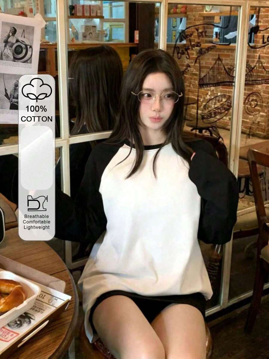 女士 Y2K 黑白撞色插肩袖百搭叠穿宽松休闲日常罗纹圆领 T 恤 - 黑與白 - 查看 1