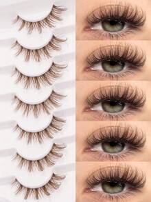 7 Pairs Brown Faux Mink Eyelashes, Transparent Stem, Fine & Thick Cat Eye Makeup, Fluffy & Natural, Transparent Stem, 3D Curly, Full Strip Lashes, Eyelash Extensions, False Eyelashes, Lashes, Fake Eyelashes - Cat Eye Lashes - View 1