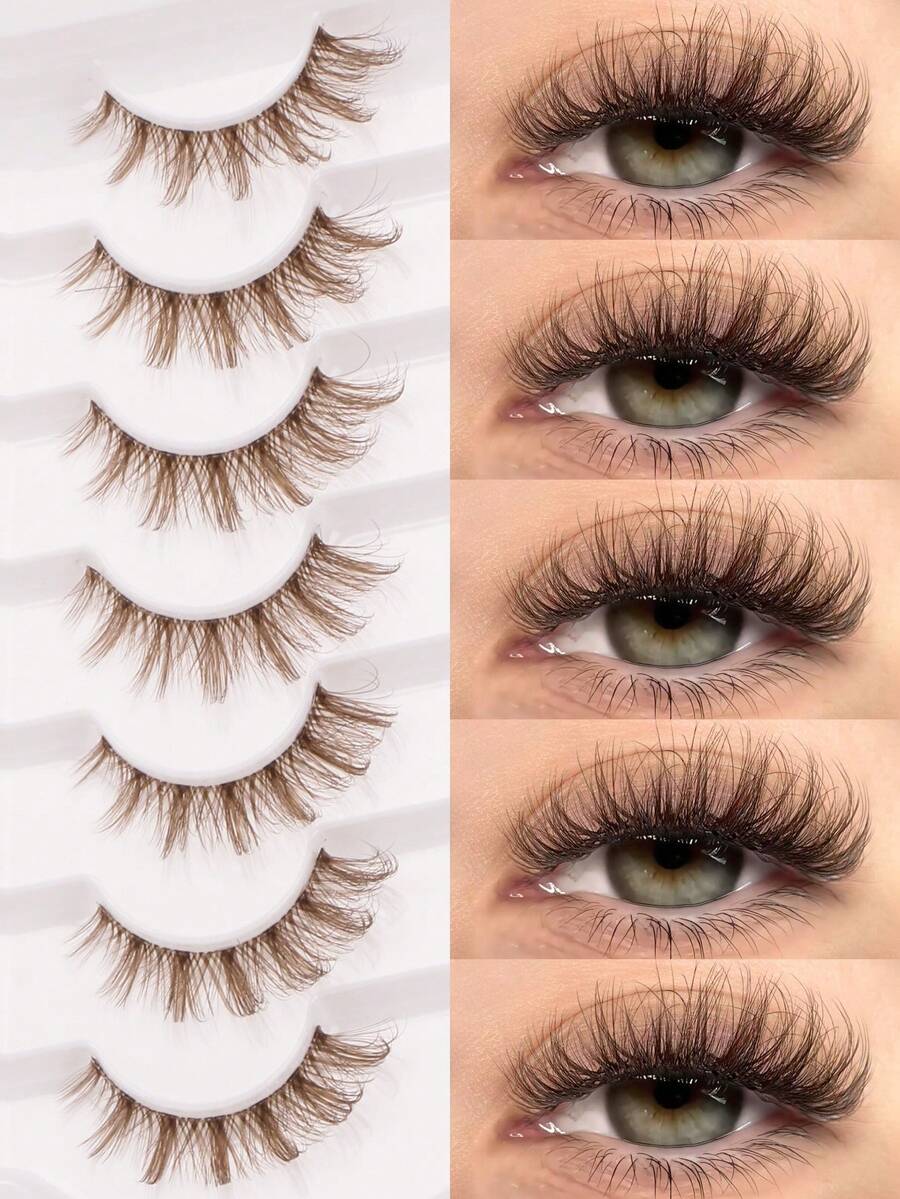 7 Pairs Brown Faux Mink Eyelashes, Transparent Stem, Fine & Thick Cat Eye Makeup, Fluffy & Natural, Transparent Stem, 3D Curly, Full Strip Lashes, Eyelash Extensions, False Eyelashes, Lashes, Fake Eyelashes - Cat Eye Lashes - View 1