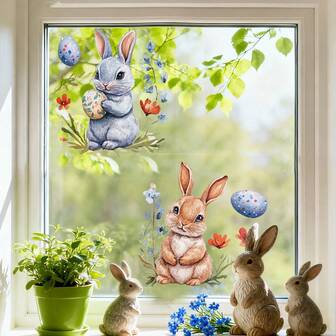 一套两张兔子、彩蛋、花卉图案窗贴，可移除双面静电贴，适合春季复活节卧室、客厅、阳台和店面装饰