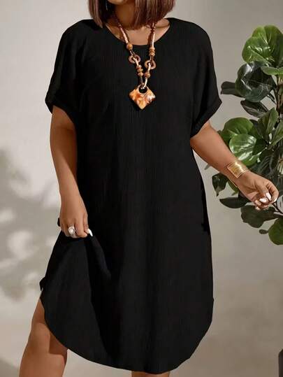 Plus Size Solid Color Batwing Sleeve Casual Vacation Dress Black