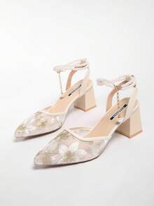 新款中国风白色高跟穆勒鞋，尖头蕾丝刺绣套脚凉鞋，女士款 - 米色 - 查看 4