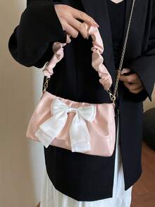 轻便商务休闲蝴蝶结装饰褶皱单肩包，女士手提包，适合女士、办公室、大学、工作、商务、通勤、户外活动、旅行、野餐、情人节礼物 - 粉色 - 查看 6