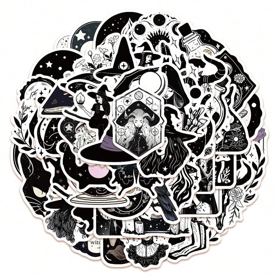 52 pièces Autocollants de sorcière noir et blanc pour valise, planche à roulettes, téléphone, vélo, autocollants imperméables DIY - Multicolore - Voir 1