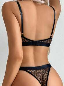 豹纹蕾丝拼接钢圈文胸内裤套装 - 棕色 - 查看 6