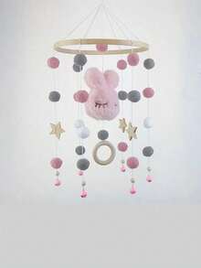 Rabbit Head & Pentagram Squinting Bamboo Wooden Wind Chime Bed Bell, Nursery Decor For Infants & Toddlers - Pink - View 6