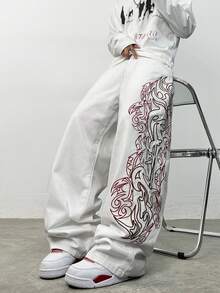 1pc Justice Brother Korean Style Embroidered White Denim Jeans, Loose Fit, Versatile, Comfortable Casual Wide Leg Pants (Belt And Accessories Not Included) - White - View 2