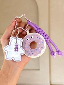 1个可爱卡通亚克力小熊和皮革甜甜圈编织钥匙扣，背包装饰，送朋友的礼物 - 彩色 - 查看 3