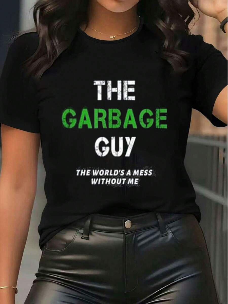Damen Lässig Kurzarm Rundhals Grafik T-Shirt THE GARBAGE GUY Schriftzug Lustiges T-Shirt Sommer Streetwear Loose Fit Top - Schwarz - Übersicht 1