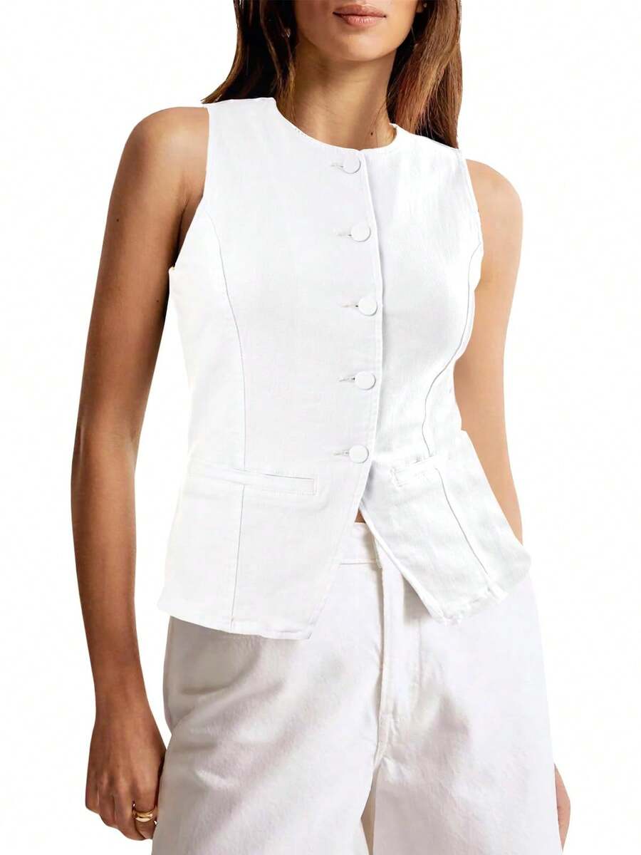 Womens Denim Vest Button Down Sleeveless Fitted Jean Tank Top Summer Casual Waistcoat - White - View 1