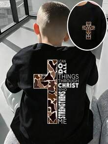 Tween Boy Cross & Letter Graphic Round Neck Short Sleeve T-Shirt - Black - View 9