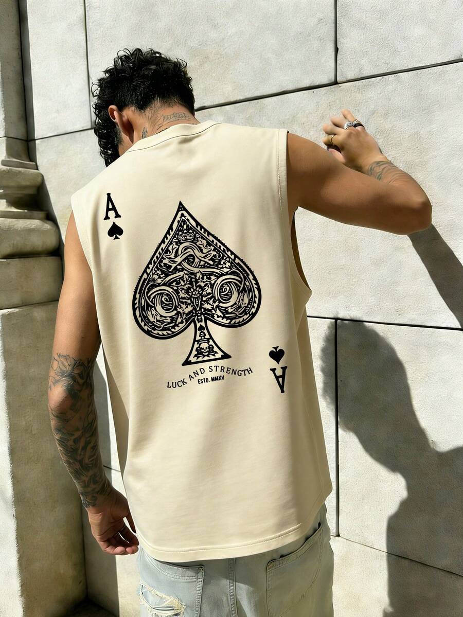 Men's Ace Of Spades Skull Graphic Tank Top Summer Casual Gym Workout Muscle Vest Double Sided Print Chicano Tattoo Style Casino Luck Aesthetic Grunge Rock Cotton Feel - Apricot - View 1