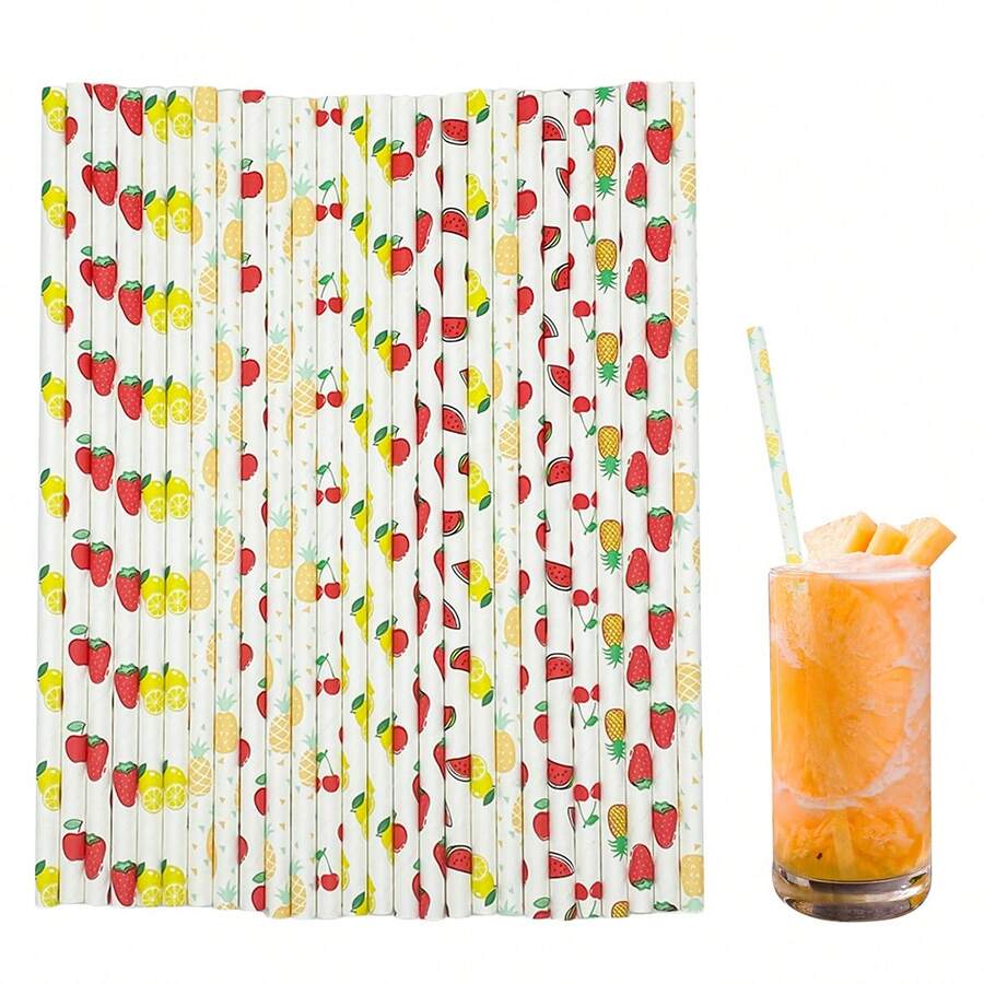 Paquete de 25/100 pajitas de papel con estampado de frutas - 6 x 197 mm | Perfectas para café, zumos, cócteles, té con leche, decoración para cumpleaños, bodas, fiestas y diversas ocasiones. Se disuelven en agua. - Multicolor - Ver 1