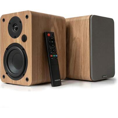 Altavoces autoamplificados  A4 con woofer de 4", Bluetooth 5.0, óptico, RCA, coaxial, USB, monitores de estudio con diseño elegante, marrón.