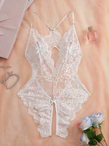 Sexy Lingerie Accessories, Floral Lace Fan Decor Teddy Bear, Deep V Halter Design, Backless, Crotchless Bodysuit, Sexy Women's Clothing, Stretchy Sexy Racing Suit, Alluring Personalized Set, Boudoir Look, Christmas Exclusive Gift, Unique New Year Gift, Valentine's Day Fun Present