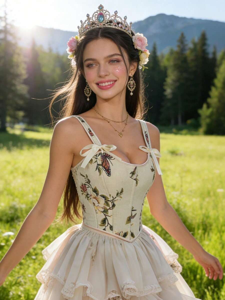 Y2K Floral Print Crop Top - Adjustable Lace-Up Back Bustier - Apricot - View 1