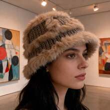 秋冬兔毛针织帽，新款大耳罩保暖帽，宽松加厚保暖渔夫帽，可爱蓬松女士渔夫帽 - 彩色 - 查看 4