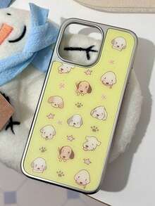 1个可爱少女心形全屏小狗电镀手机壳，带粉色和棕色爪印，便携式手机支架，黄粉色卡通防震保护套，兼容 17/16/15/14/13/12/11/17 Pro Max/16 Pro Max/15 Plus/14 Pro - 黃色 - 查看 8